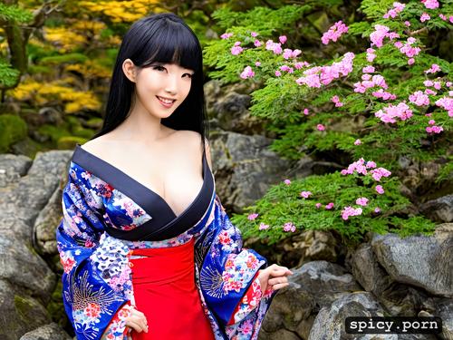 cute, petite, smile, long black hair, japanese, kimono, bangs