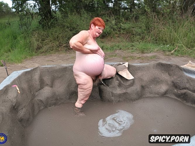 in filthy piss filled bathtub, naked obese bbw granny, short red hair