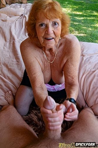 cumming in wide open mouth, wrinkled face, old bimbo hourglass wide hips granny