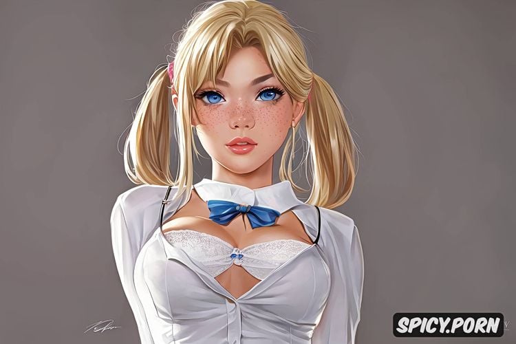 unbuttoned tight white shirt, petite, beautiful big eyes, micro plaid skirt