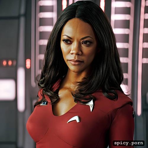 wearing red star trek uniform, highres, 8k, star trek, zoe saldana from the movie star trek on the bridge of the starship enterprise