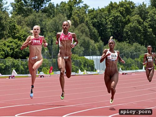 viewed at eye level with the runners, nude teen women olympic track runners competing in the 200 meter race naked