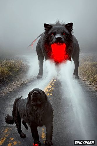 fiery red eyes, dense fog, huge black dog, rural highway, supernatural light