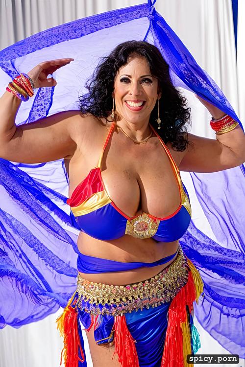 perfect stunning smiling face, 65 yo beautiful thick american bellydancer