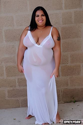 ssbbw hispanic woman in a white and tight night gown, huge flabby belly