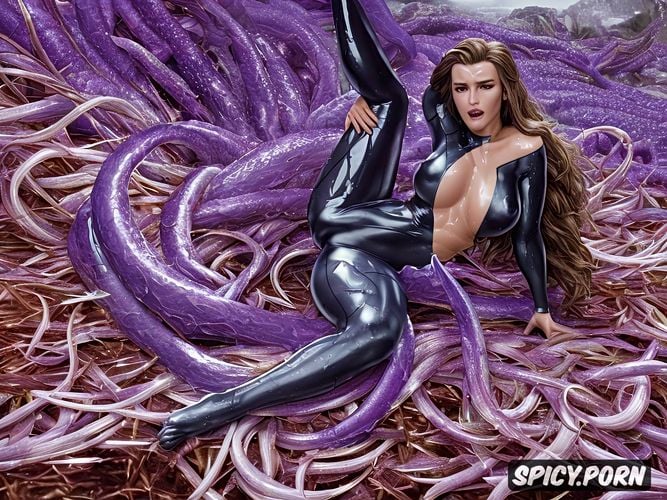 photo, cinematic, lying on a mass of oozing purple tentacles in a tentacle monsters lair pussy and ass spread and fucked and attacked brutally by many oozing purple tentacles