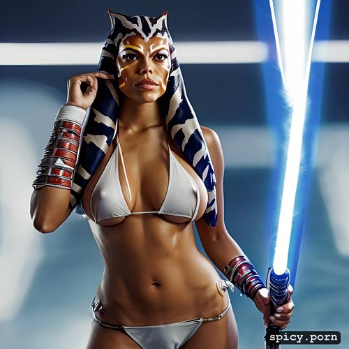 rosario dawson as ahsoka tano from star wars posed with a prop