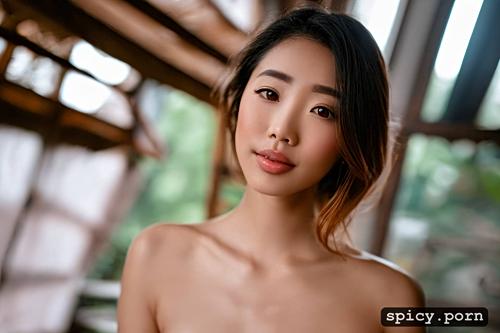 exposed pussy, nude, intimate portrait composition, small tits perky nipples