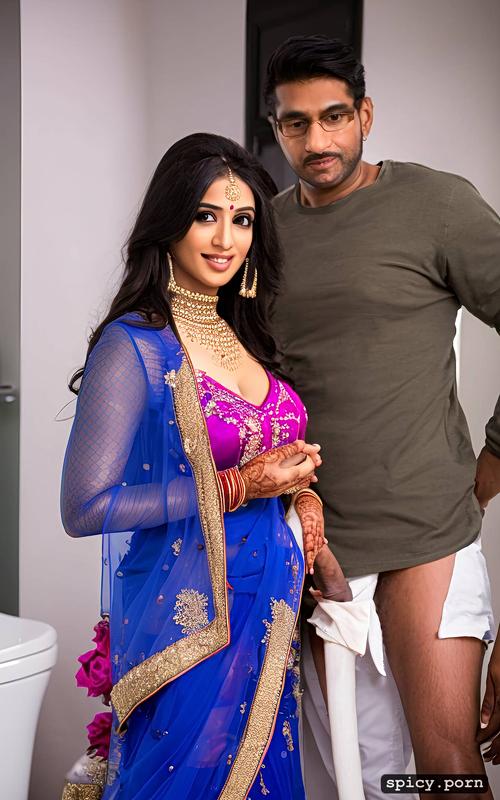 sexy indian bride with long dark hair and bangs standing in men toilet where two man standing with dick in there hand