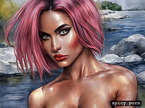 lake, medium breasts, muscular body, selfie, tanned skin, cyborg