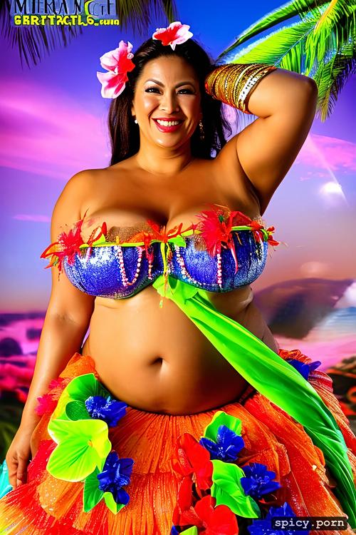 color photo, flawless smiling face, 49 yo beautiful hawaiian hula dancer