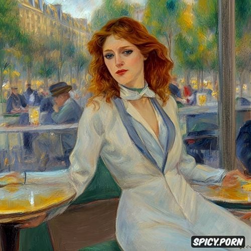 painting renoir style, a beautiful young ginger lady sitting in a crowded café