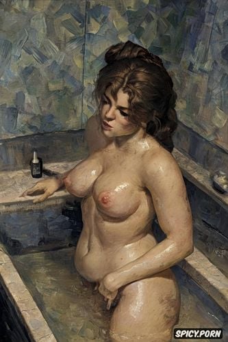 dark ominous atmosphere, women in humid bathroom with fingertip nipple touching breasts tiled bathing