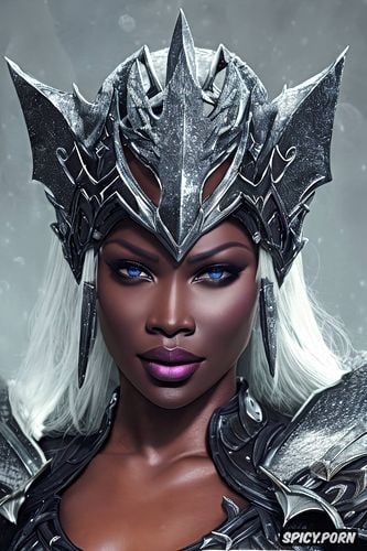 k shot on canon dslr, ultra detailed, ultra realistic, fantasy female paladin queen dragon age beautiful face ebony skin silver hair tight shirt and leather armor sword village magic young full lips masterpiece