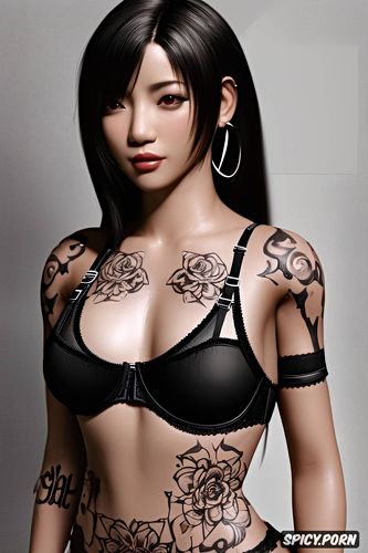 k shot on canon dslr, ultra realistic, tifa lockhart final fantasy vii rebirth asian skin tone beautiful face young tight low cut black lace lingerie tattoos masterpiece