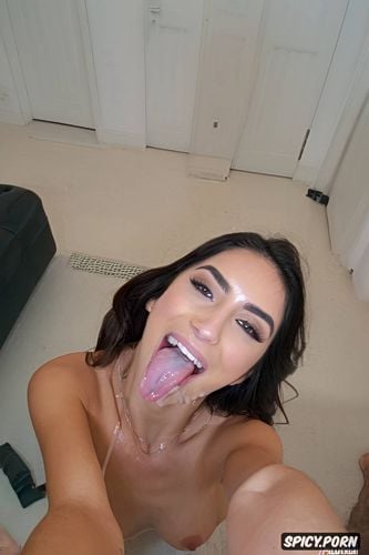blowjob selfie, cum leaking from tip, cum dripping down face