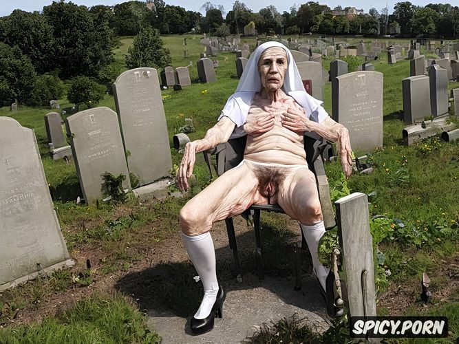 catholic nun, pale, very old granny, cemetery, spreading cellulite legs