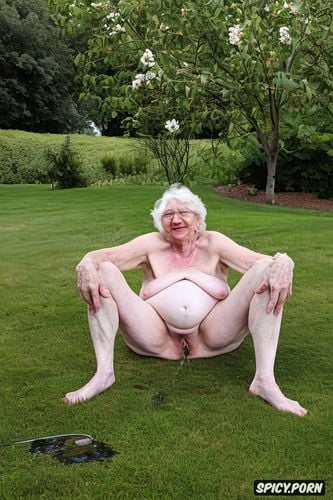 granny, white hair, standing bended on grass, wrinkeled face ugly stretchmarks on belly