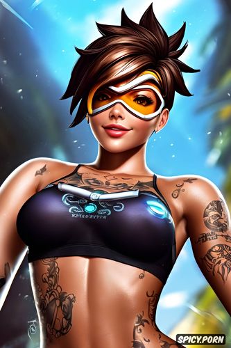 high resolution, ultra detailed, ultra realistic, tracer overwatch beautiful face young tight black yogo pants topless tits out tattoos masterpiece