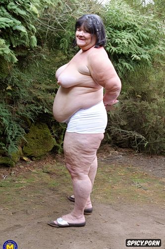 wearing white wet coton tight shorts, side view, an old fat woman naked with obese ssbbw belly