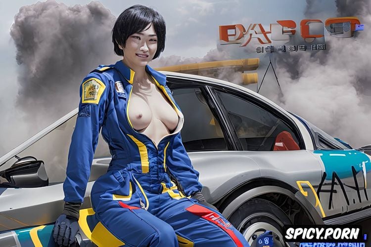 unbuttoned cop clothes beautiful face, small breasts, race car driver