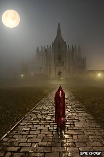 moonlight, complete, haunting human skeleton, foggy, haunted abbey ruin at night