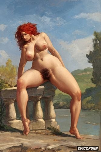 old oil painting style naked woman thick, full pubic hair wind in hair