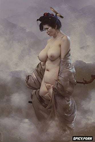 small perky breasts, samurai sword, nude portrait, torn kimono