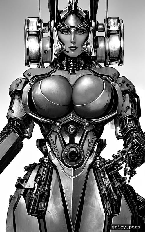 strong warrior robot, mech, precise lineart, nude, busty, intricate