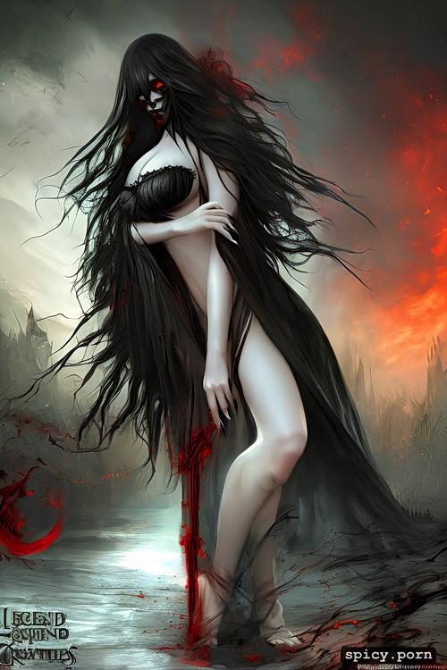 hair over face, claws, red eyes, nightmare, ghost woman, no eyes sagging breasts