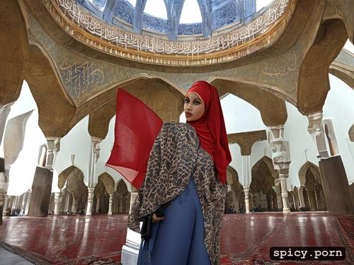 curvy muslim teen twerking in a mosque, wearing hijab baju kurung