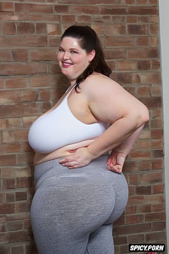 happy white woman, cameltoe, cute face, obese, thick thighs