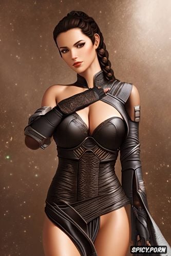 high resolution, ultra detailed, bastila shan star wars knights of the old republic beautiful face young slutty black jedi robes pale skin brown eyes long soft brown hair in a french braid small perky natural breasts