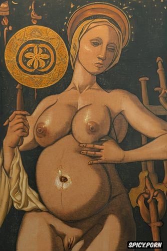 virgin mary nude in a barn, masturbating, robe, spreading legs shows pussy