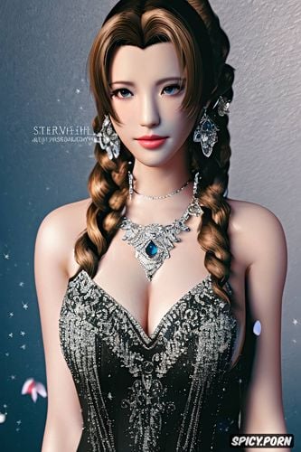 aerith gainsborough final fantasy vii remake beautiful face low cut strapless black evening gown