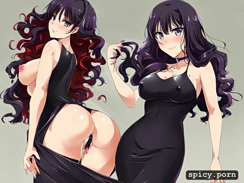 anime, labia, dark hair, dark purple hairband, curly hair, see through clothes