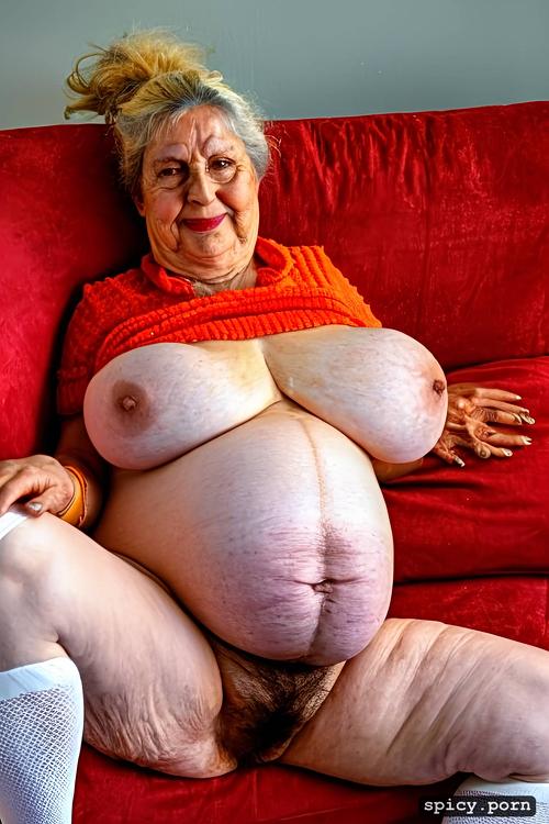 very obese, 80 year old dutch granny, nude, heavy lipstick, heavy pubic hair