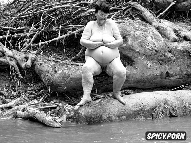 old thicc granny 80 years old, very huge hanging breasts sitting in cum muddy river piss lake
