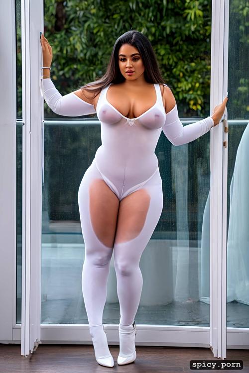 a chubby woman wearing white transparent tight bodysuit with white legs