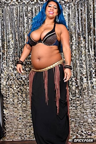 smiling, gorgeous voluptuous belly dancer, traditional two piece belly dance costume