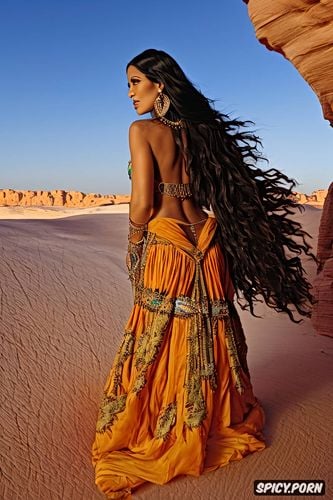 long black hair, blue sky, pagan arabian goddess al uzza in traditional arabian clothing walking through canyon in red desert