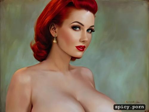 large breasts, gorgeous face, 20 yo, red hair, pinup, 1950 s