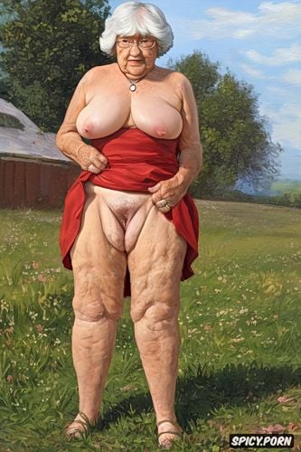 very wide hips, the very old fat grandmother skirt has nude pussy under her skirt