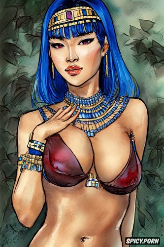 sharp focus, perfect face, blue hair, pixie hair, cleopatra