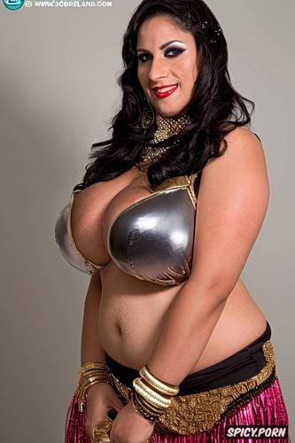 very realistic, gorgeous1 6 lebanese bellydancer, smiling, massive saggy breasts