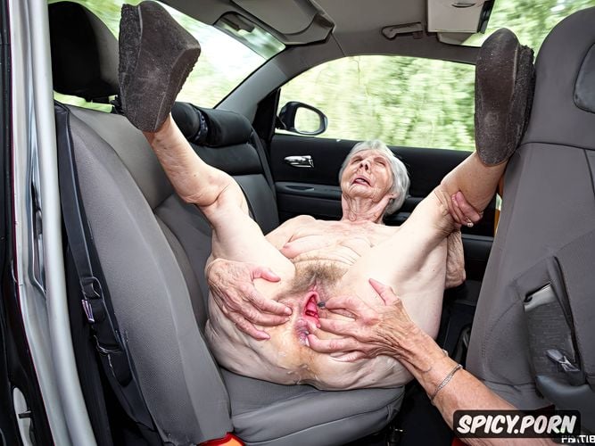 dirty old car, grey hair, very old granny, ninety, lying in the backseat of a car