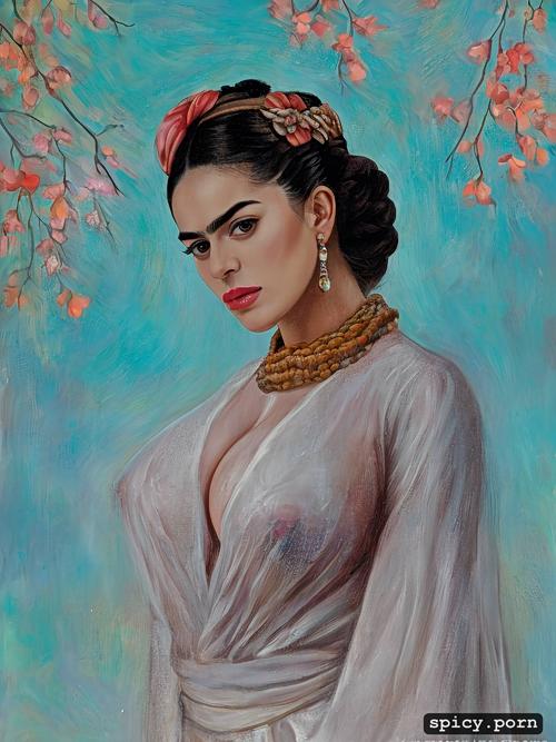 painting, frida kahlo painting a picture of frida kahlo, robe open to reveal breasts and bush