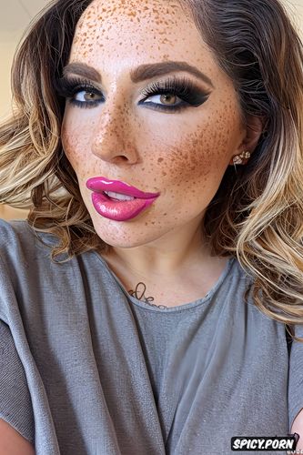 overlined lip liner, freckles, glossy lips, thick lip liner