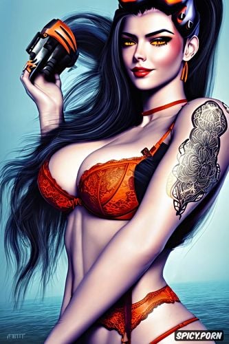 tattoos masterpiece, ultra detailed, widowmaker overwatch beautiful face young sexy low cut orange lace lingerie