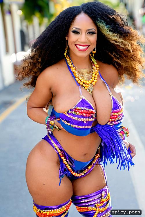 intricate beautiful costume with matching bikini top, 32 yo beautiful performing mardi gras street dancer